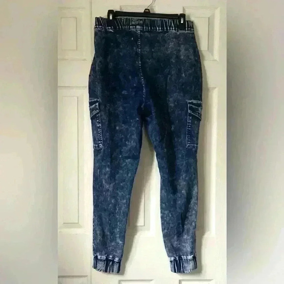 Wax Jean Pull On Tapered Distressed Jeans Women's Large Acid Wash Blue Stretch - Picture 11 of 12